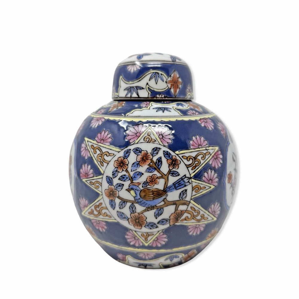 Vintage Chinese Porcelain Jar Blue Floral Bird Lidded Vase 6.5”